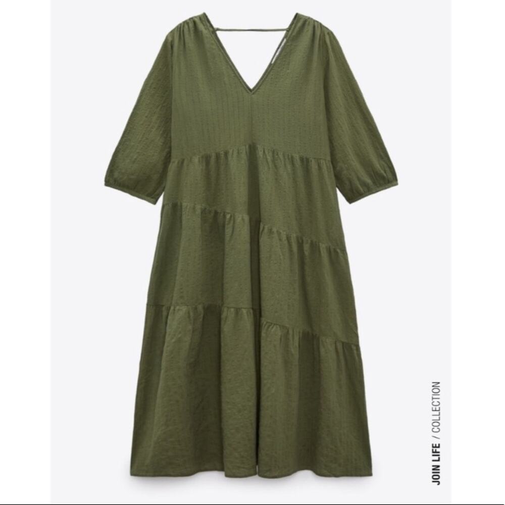 Zara Green Tiered Textured Midi Dress Size XS - Picture 4 of 10